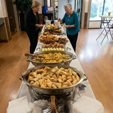 Full indoor buffet spread with chafing dishes and pastries at a catered luncheon